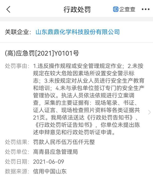 据天眼查,今年6月,涉事企业曾被高青县应急管理局发现违反操作规程或